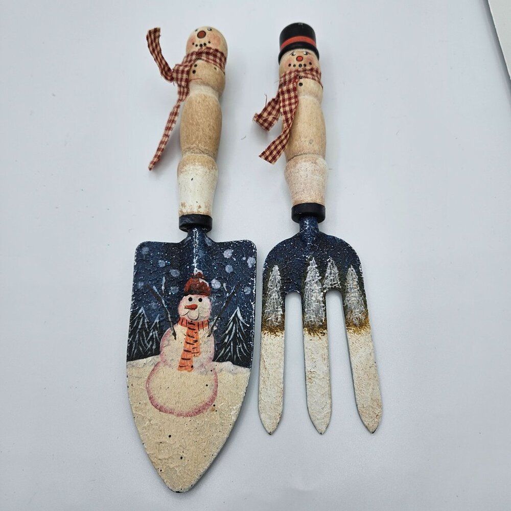 Decorative Snowman-Themed Gardening Trowel & Fork Tool Set With Wooden Handles